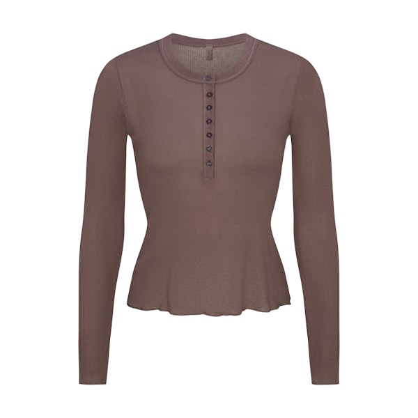 SHEER RIB LONG SLEEVE HENLEY | PEWTER FLAT ON A WHITE BACKGROUND | FLT
