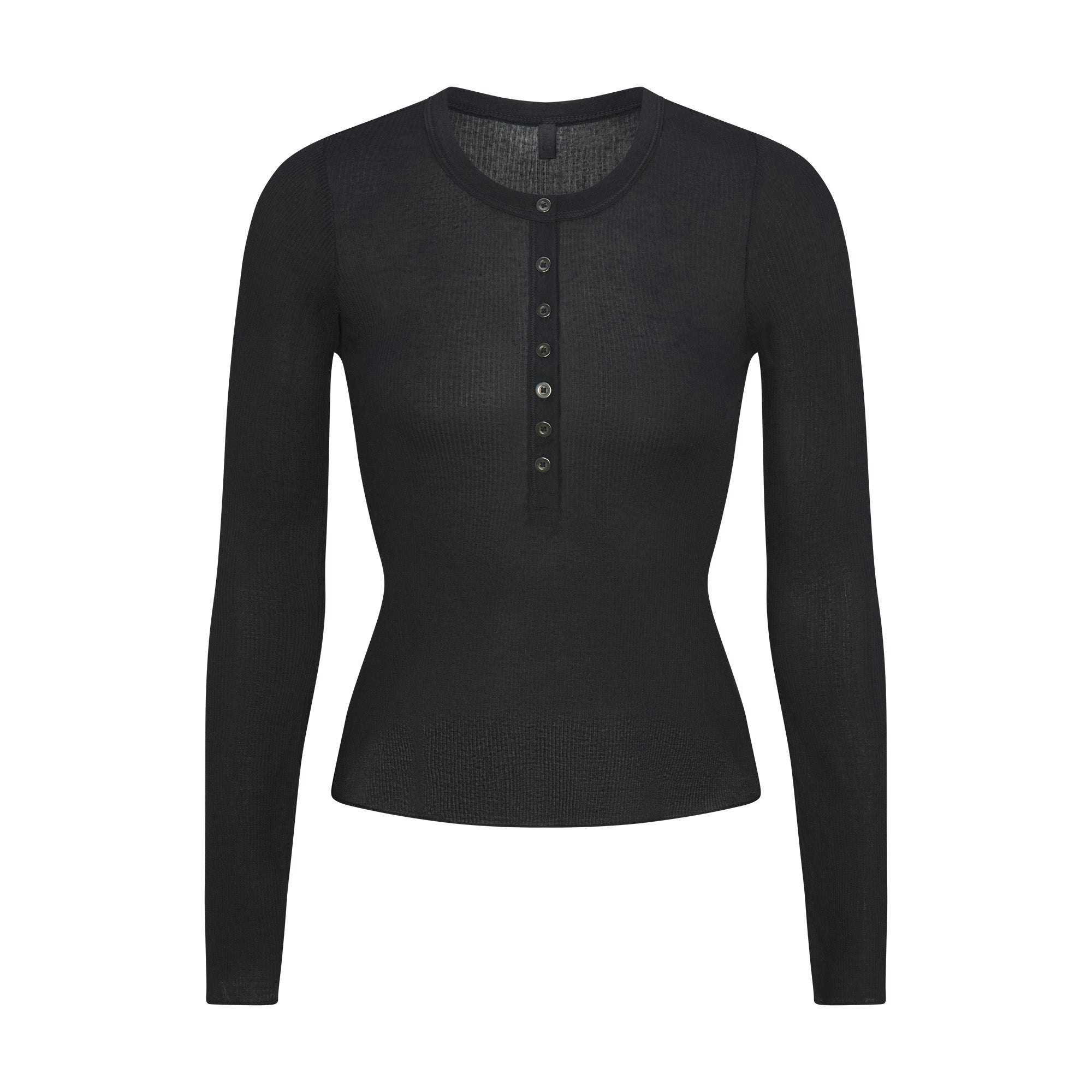 SHEER RIB LONG SLEEVE HENLEY | SOOT FLAT ON A WHITE BACKGROUND | FLT