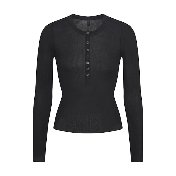 SHEER RIB LONG SLEEVE HENLEY | SOOT FLAT ON A WHITE BACKGROUND | FLT