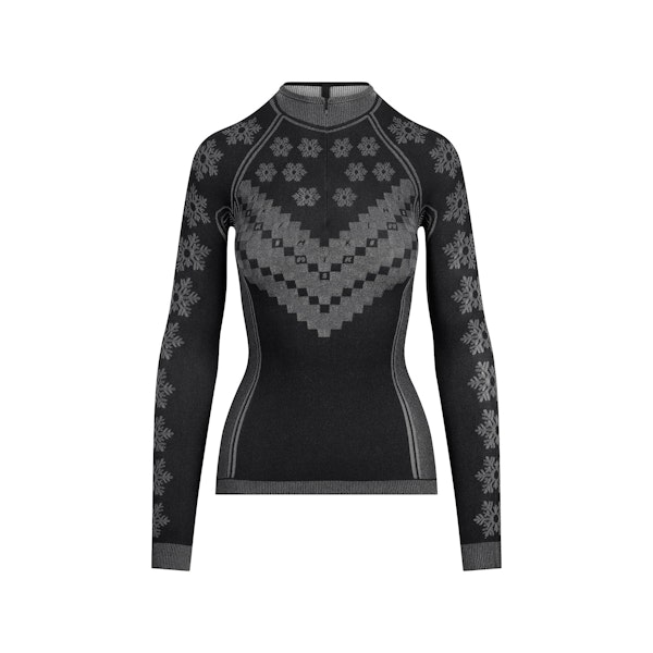 SKIMS FIRST LAYERS HALF ZIP LONG SLEEVE | OBSIDIAN WINTER FAIR ISLE FLAT ON A WHITE BACKGROUND | FLT