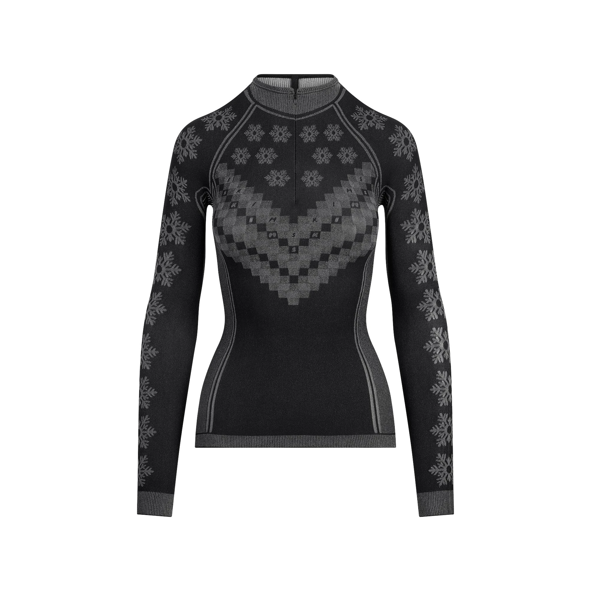 SKIMS FIRST LAYERS HALF ZIP LONG SLEEVE | OBSIDIAN WINTER FAIR ISLE FLAT ON A WHITE BACKGROUND | FLT