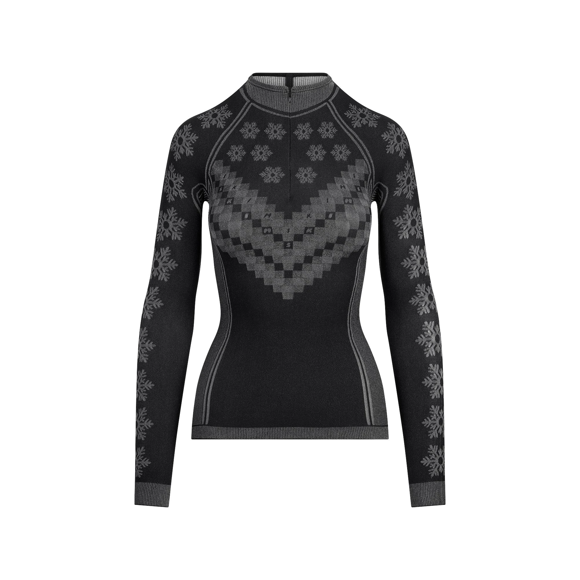 SKIMS FIRST LAYERS HALF ZIP LONG SLEEVE | OBSIDIAN WINTER FAIR ISLE FLAT ON A WHITE BACKGROUND | FLT