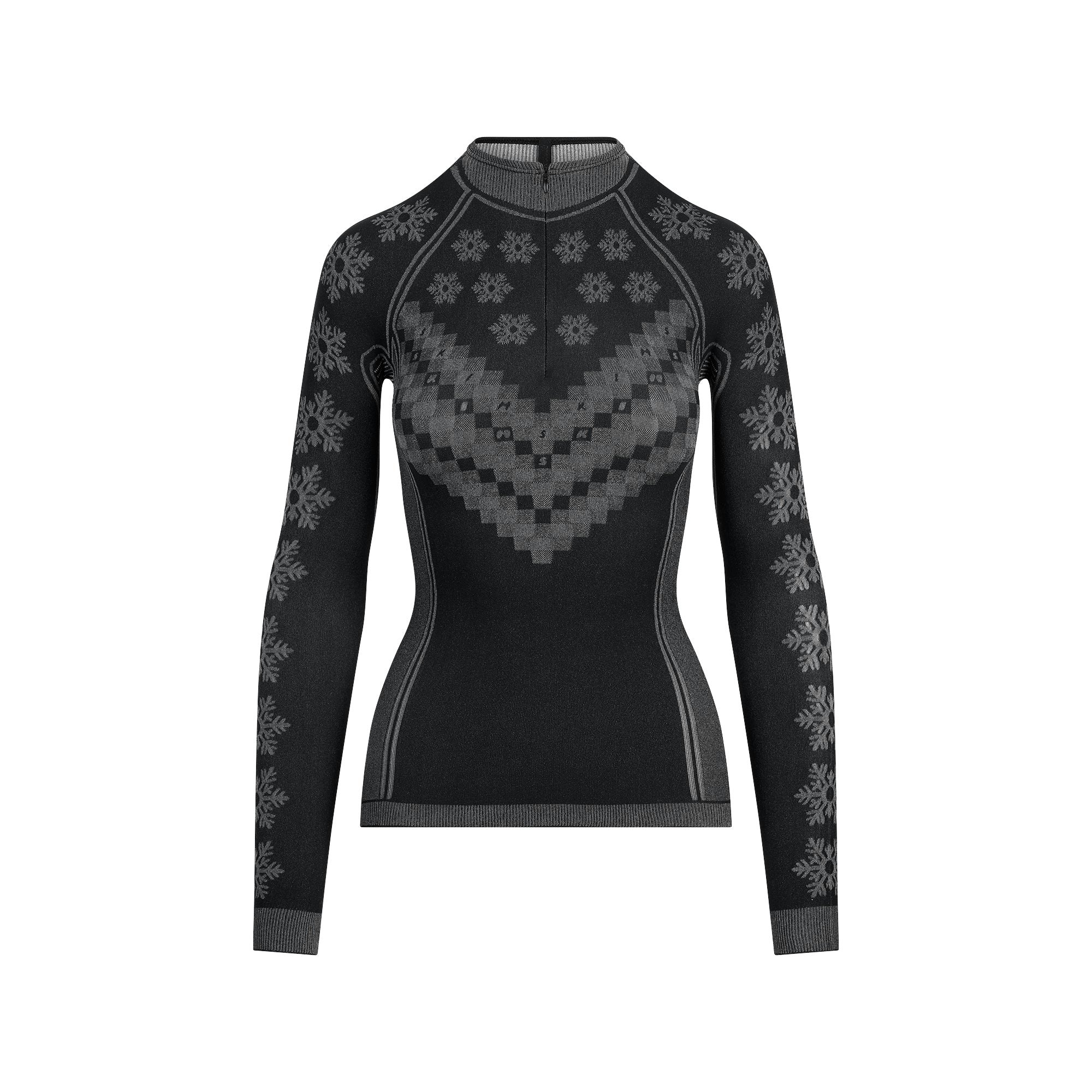 SKIMS FIRST LAYERS HALF ZIP LONG SLEEVE | OBSIDIAN WINTER FAIR ISLE FLAT ON A WHITE BACKGROUND | FLT