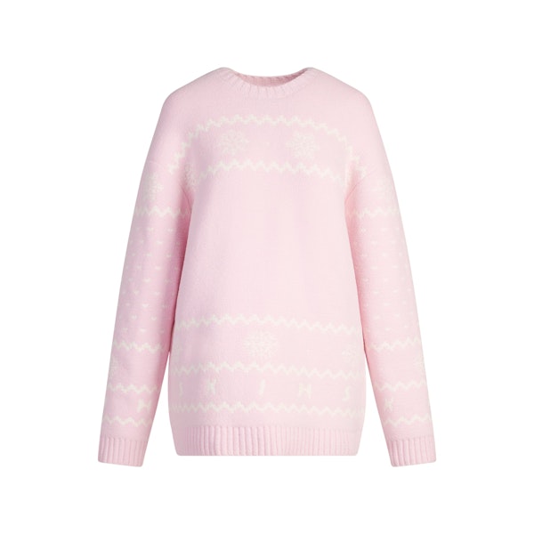 COZY LIGHT CREWNECK PULLOVER | BABY PINK HEART FAIR ISLE FLAT ON A WHITE BACKGROUND | FLT