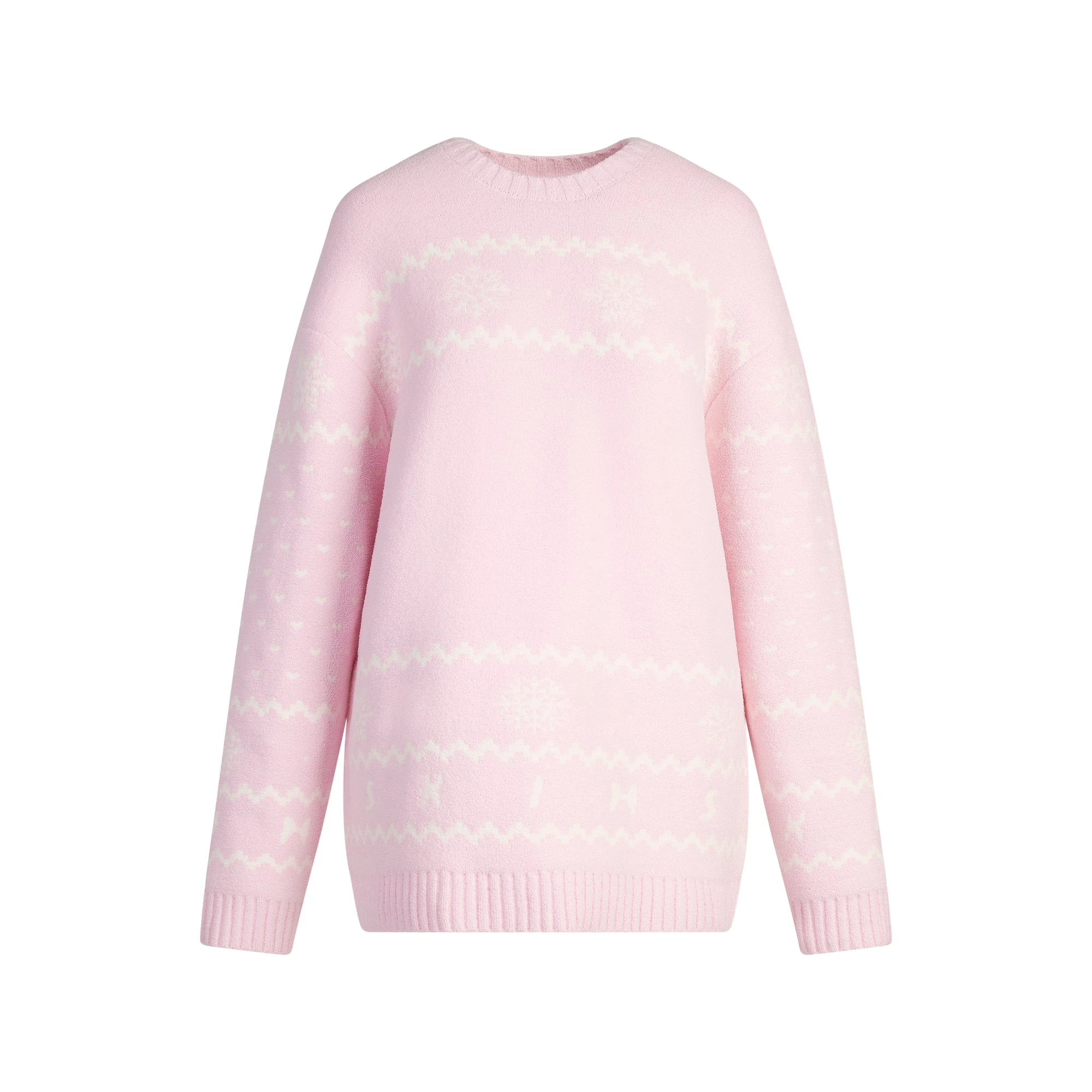 COZY LIGHT CREWNECK PULLOVER | BABY PINK HEART FAIR ISLE FLAT ON A WHITE BACKGROUND | FLT