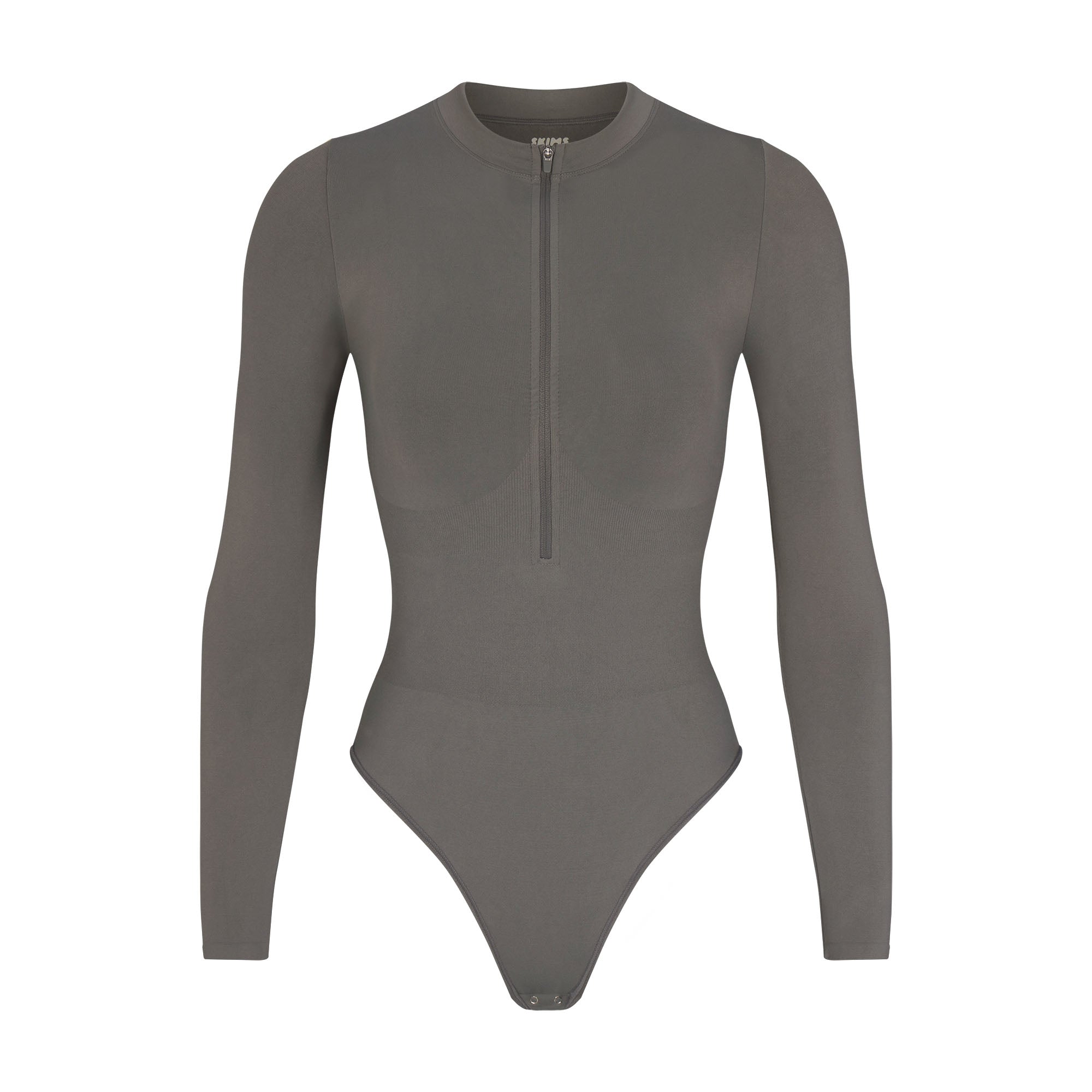 CONTOUR NYLON ZIP FRONT LONG SLEEVE BODYSUIT | GUNMETAL | XXS/XS