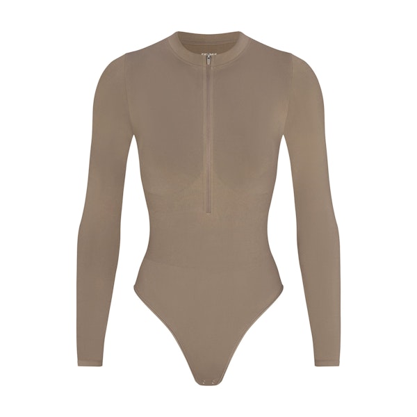CONTOUR NYLON ZIP FRONT LONG SLEEVE BODYSUIT | TRUFFLE (BODYSUITS, BODYSUITS) FLAT ON A WHITE BACKGROUND | FLT