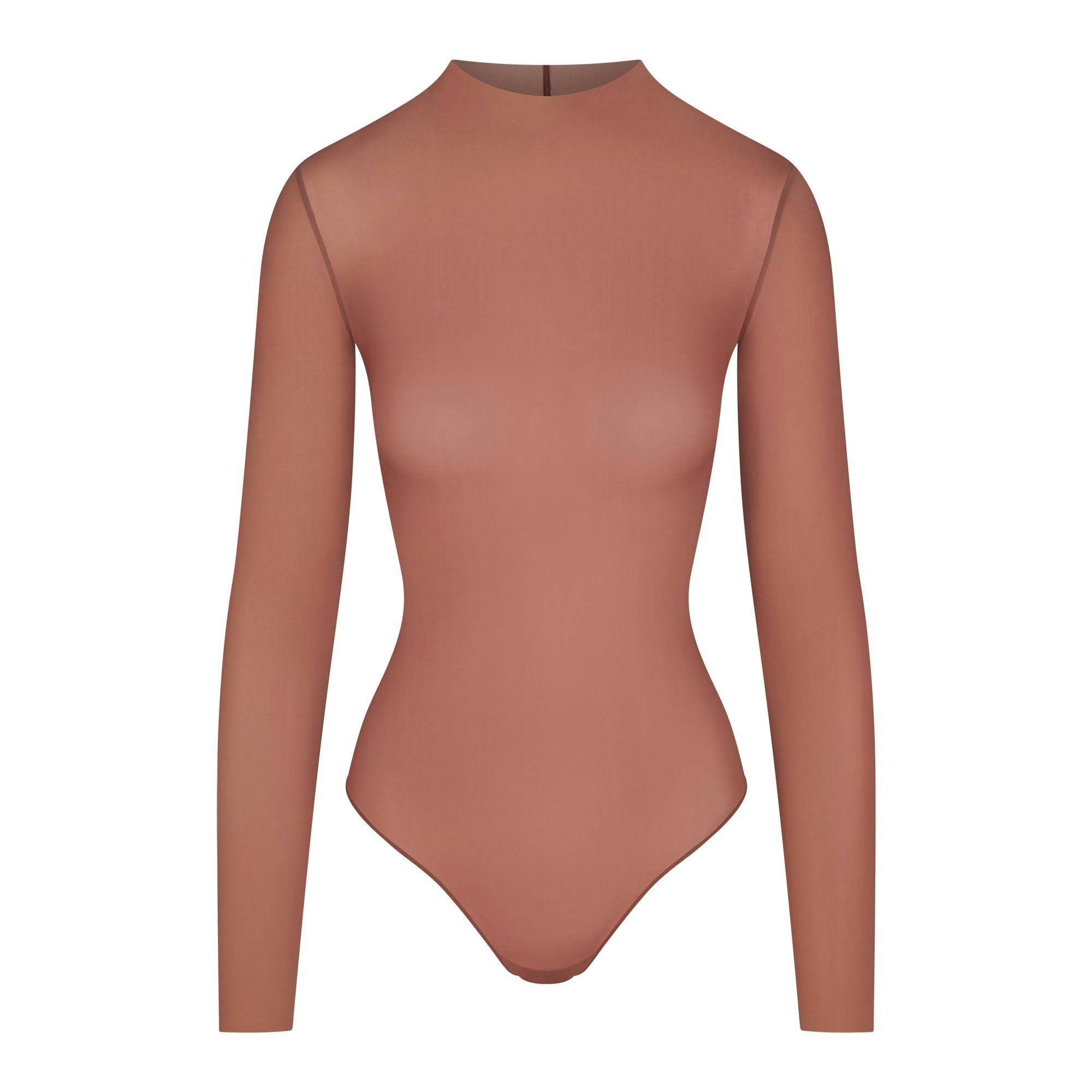 MILKY SHEER MOCK NECK LONG SLEEVE BRIEF BODYSUIT | BRANDY (BODYSUITS) FLAT ON A WHITE BACKGROUND