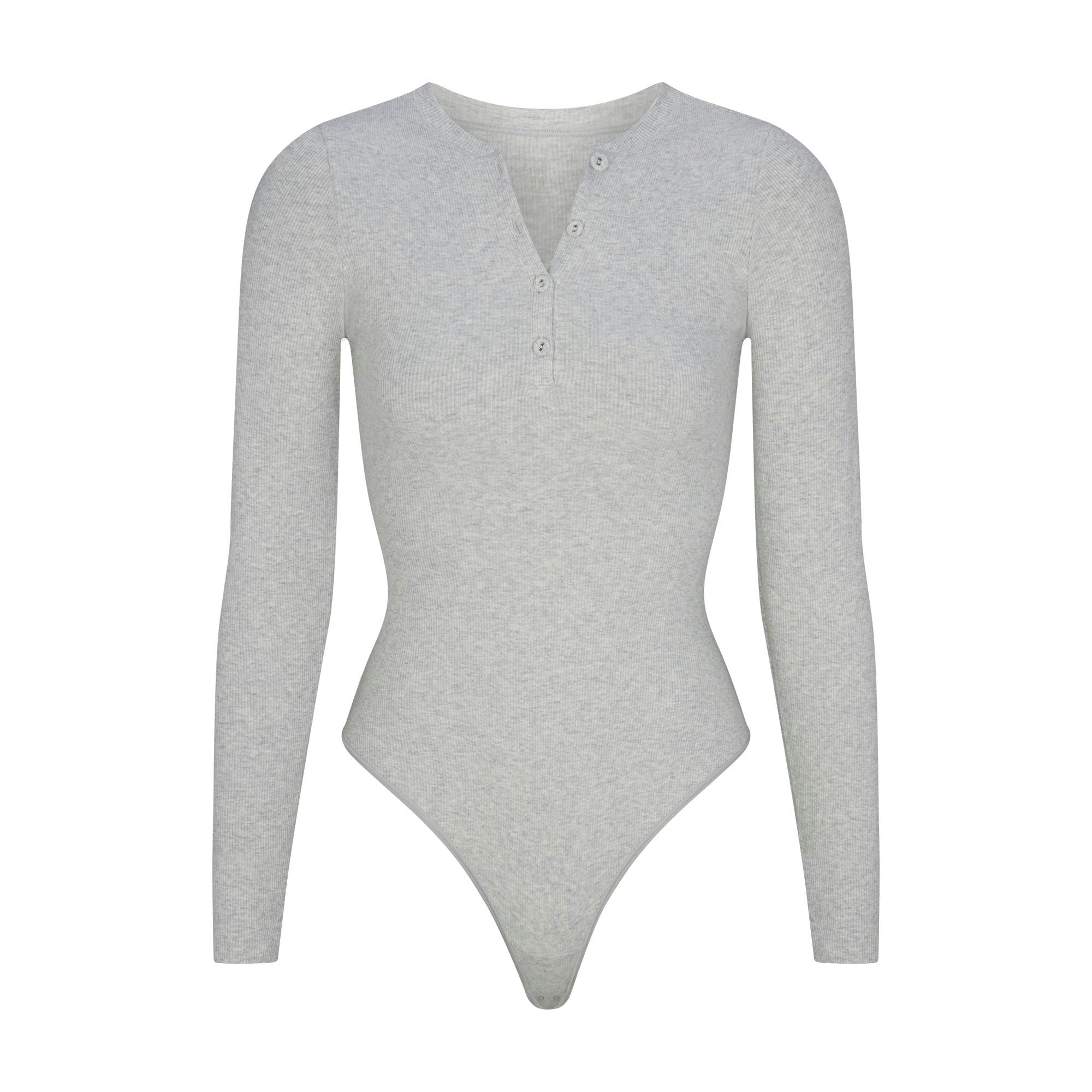 COTTON RIB LONG SLEEVE HENLEY BODYSUIT | LIGHT HEATHER GREY (BODYSUITS, BODYSUITS) FLAT ON A WHITE BACKGROUND | FLT