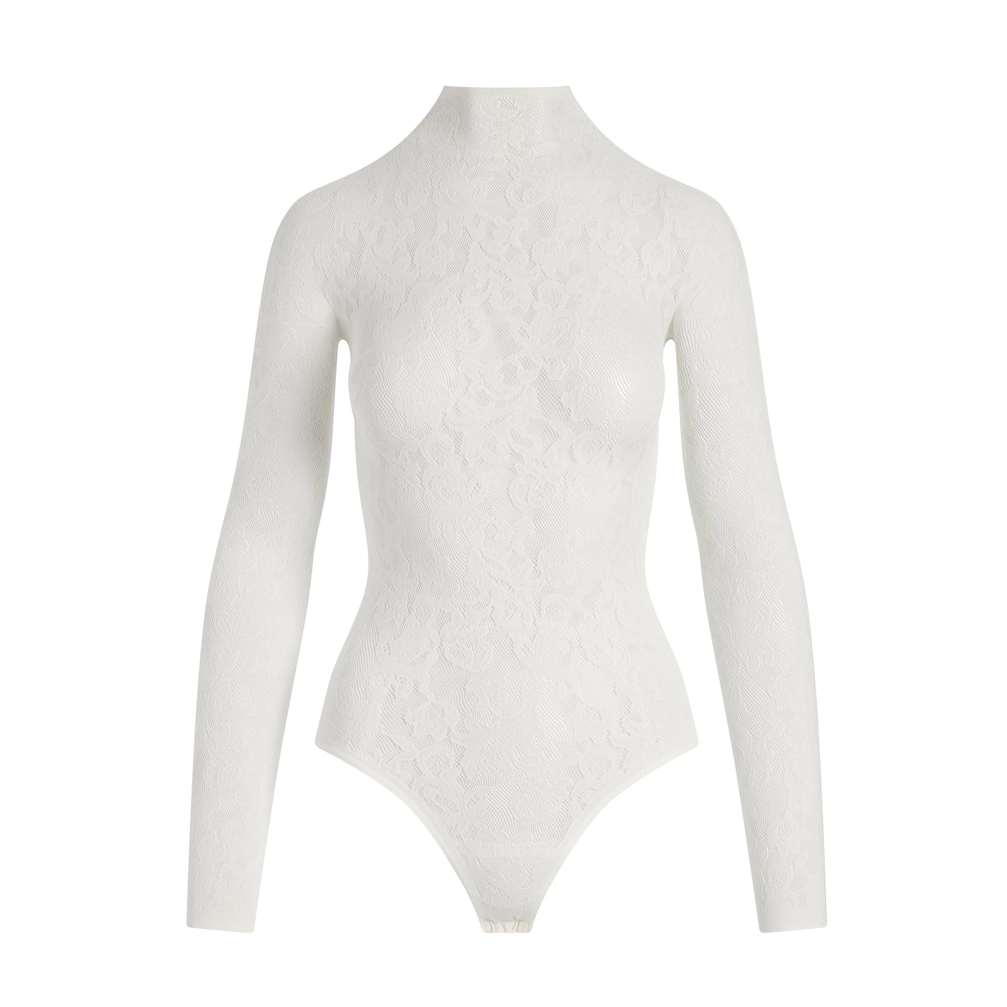 KNIT LACE MOCK NECK BODYSUIT | IVORY FLAT ON A WHITE BACKGROUND | FLT
