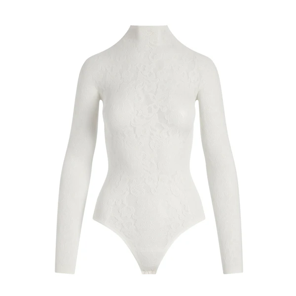 KNIT LACE MOCK NECK BODYSUIT | IVORY FLAT ON A WHITE BACKGROUND | FLT