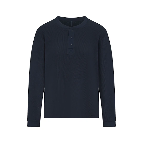 HEAVY WAFFLE LONG SLEEVE HENLEY | NAVY (LONG SLEEVE T-SHIRTS) FLAT ON A WHITE BACKGROUND | FLT