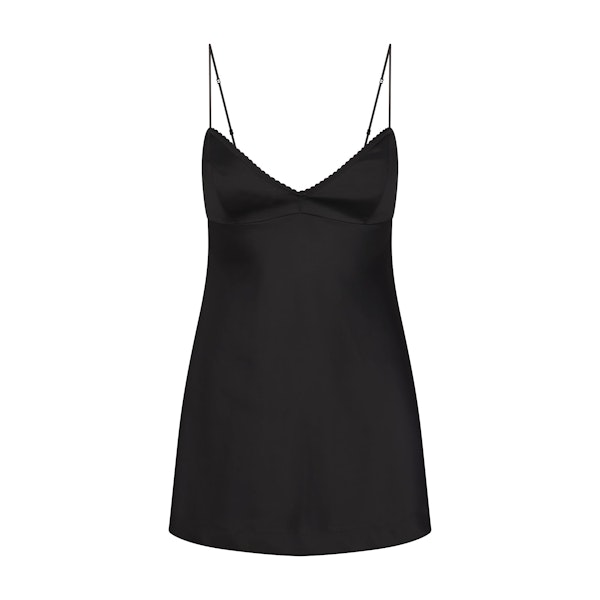 SATIN MINI DRESS | OBSIDIAN FLAT ON A WHITE BACKGROUND | FLT