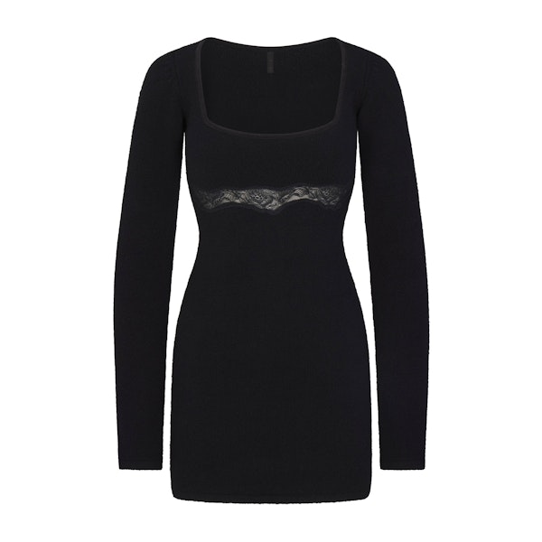 LACE KNIT LONG SLEEVE MINI DRESS | OBSIDIAN FLAT ON A WHITE BACKGROUND | FLT
