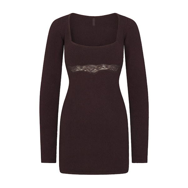 LACE KNIT LONG SLEEVE MINI DRESS | PHOENIX FLAT ON A WHITE BACKGROUND | FLT