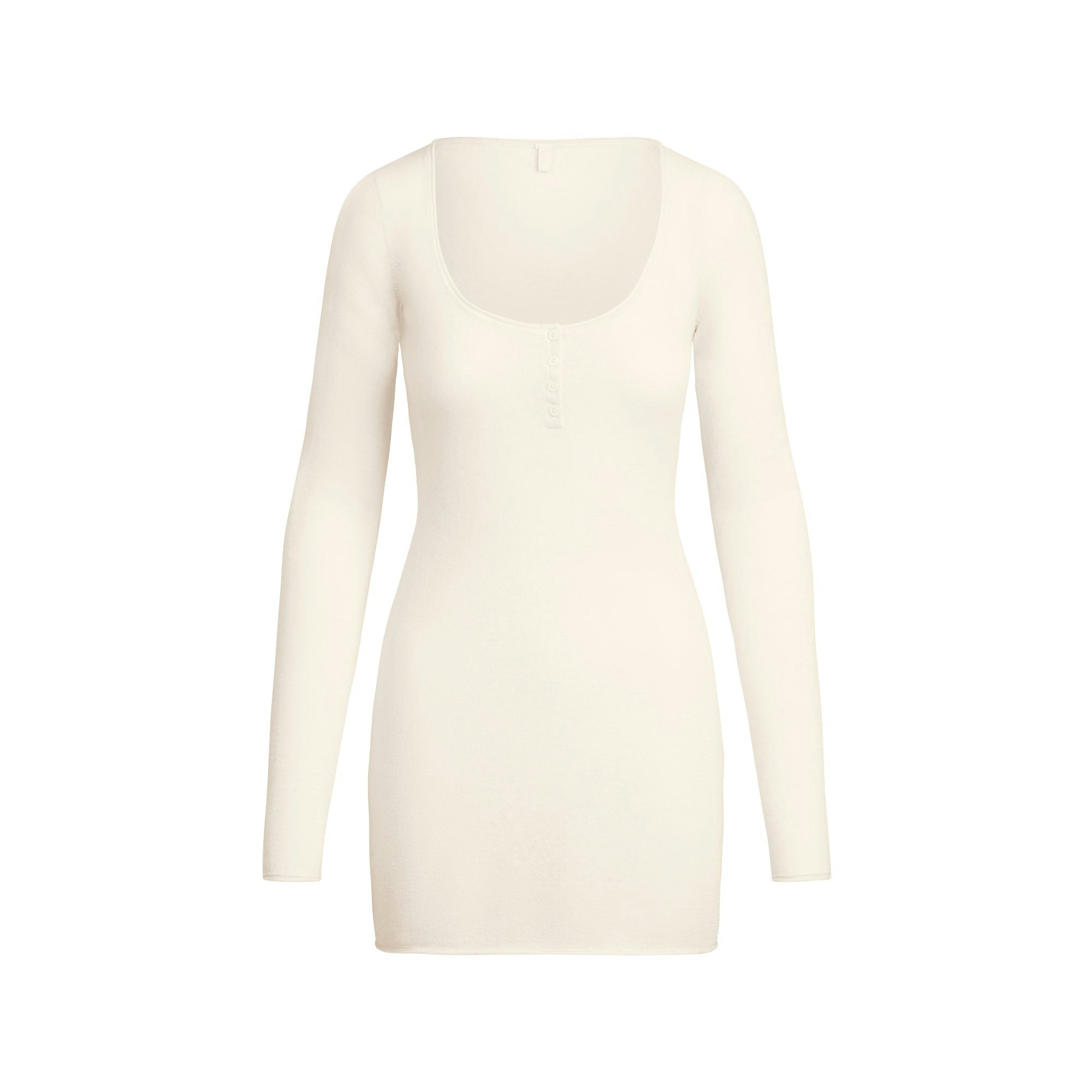 FEATHERWEIGHT CASHMERE HENLEY MINI DRESS | EGRET FLAT ON A WHITE BACKGROUND | FLT