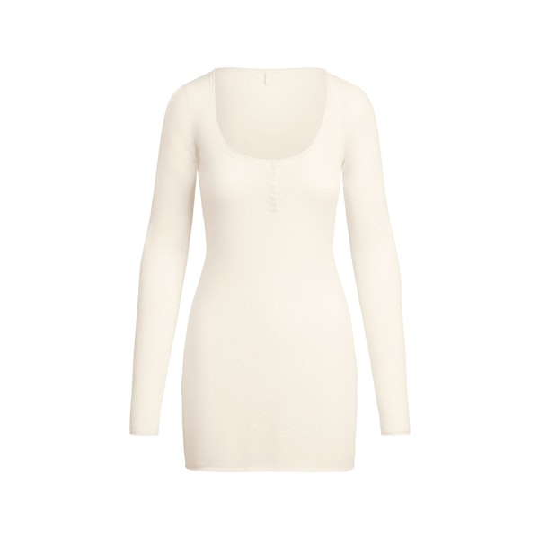 FEATHERWEIGHT CASHMERE HENLEY MINI DRESS | EGRET FLAT ON A WHITE BACKGROUND | FLT
