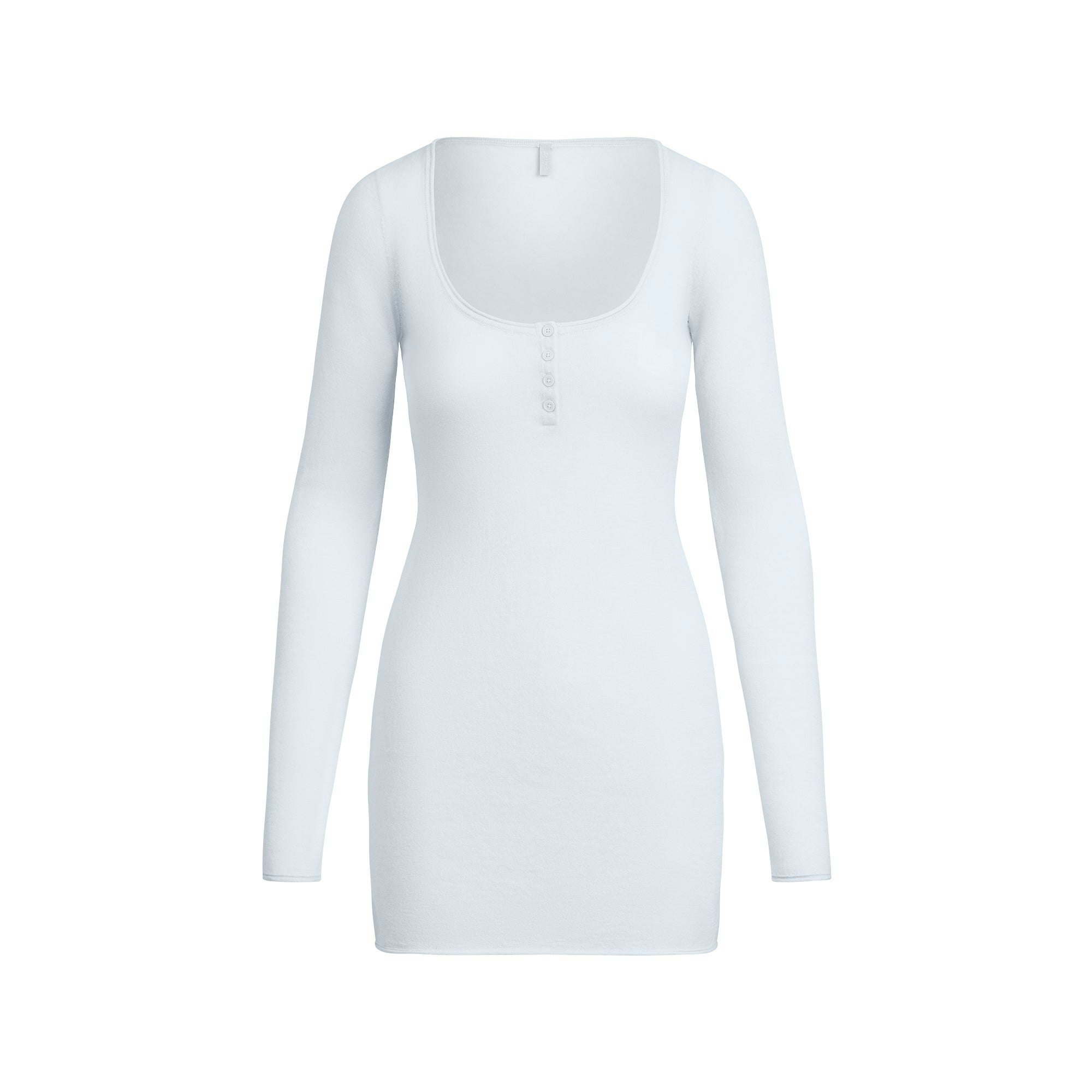 FEATHERWEIGHT CASHMERE HENLEY MINI DRESS | PEARL FLAT ON A WHITE BACKGROUND | FLT