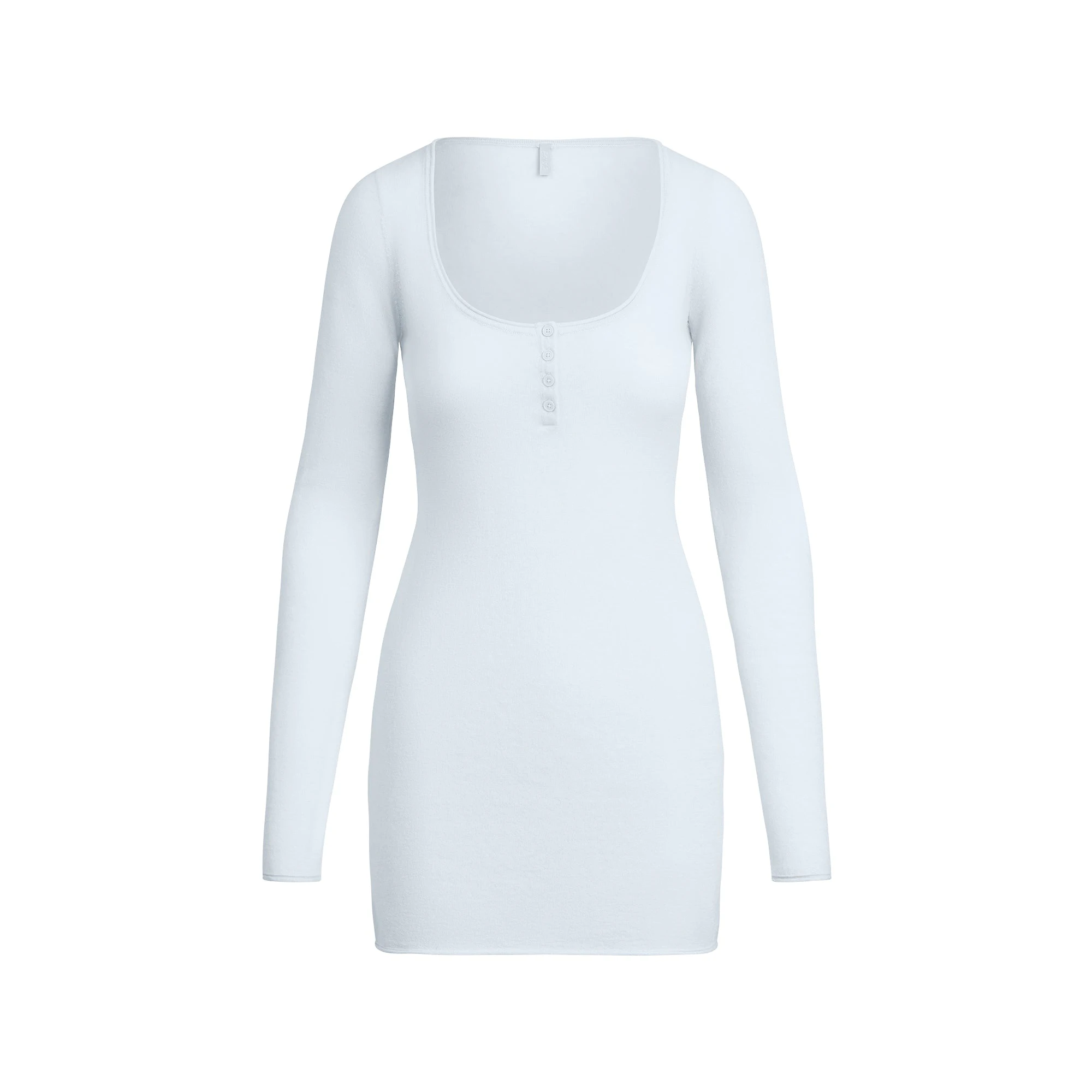 FEATHERWEIGHT CASHMERE HENLEY MINI DRESS | PEARL FLAT ON A WHITE BACKGROUND | FLT