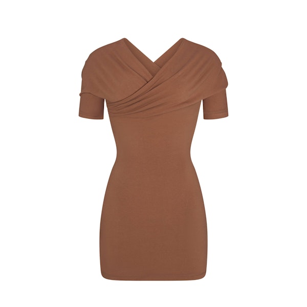 COTTON JERSEY WRAP MINI DRESS | JASPER LAYS FLAT ON A WHITE BACKGROUND | FLT