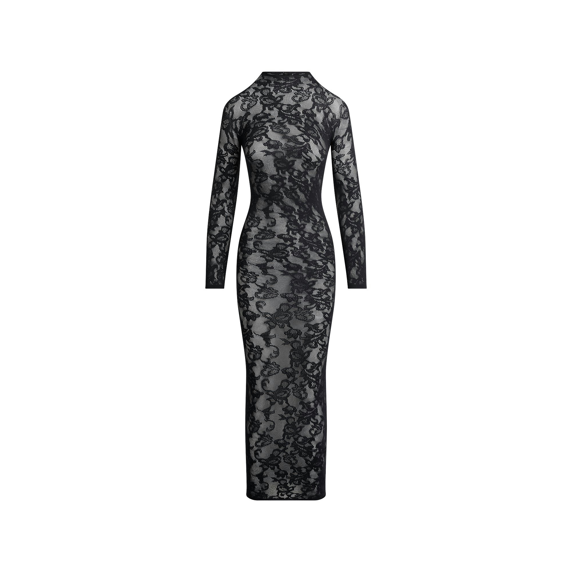 KNIT LACE MOCK NECK LONG DRESS | OBSIDIAN FLAT ON A WHITE BACKGROUND | FLT