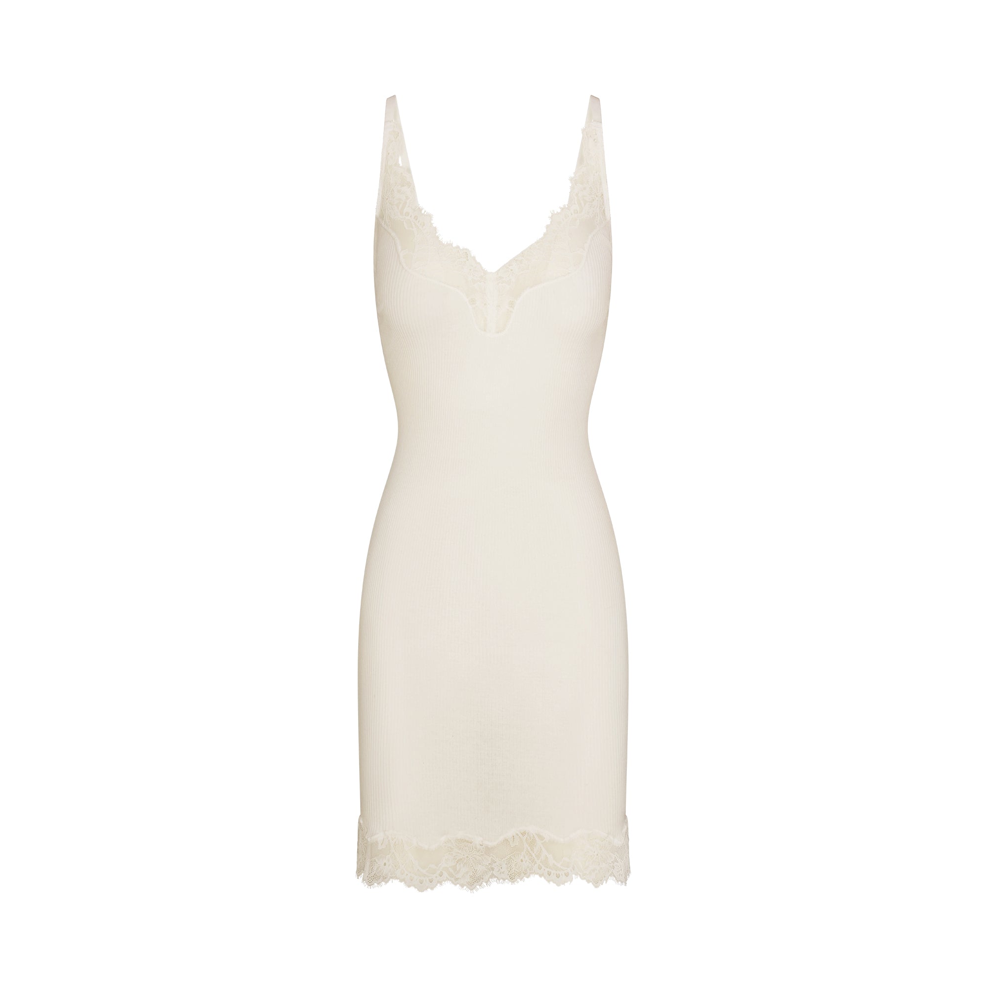 RIB KNIT LACE MINI DRESS | EGRET FLAT ON A WHITE BACKGROUND | FLT