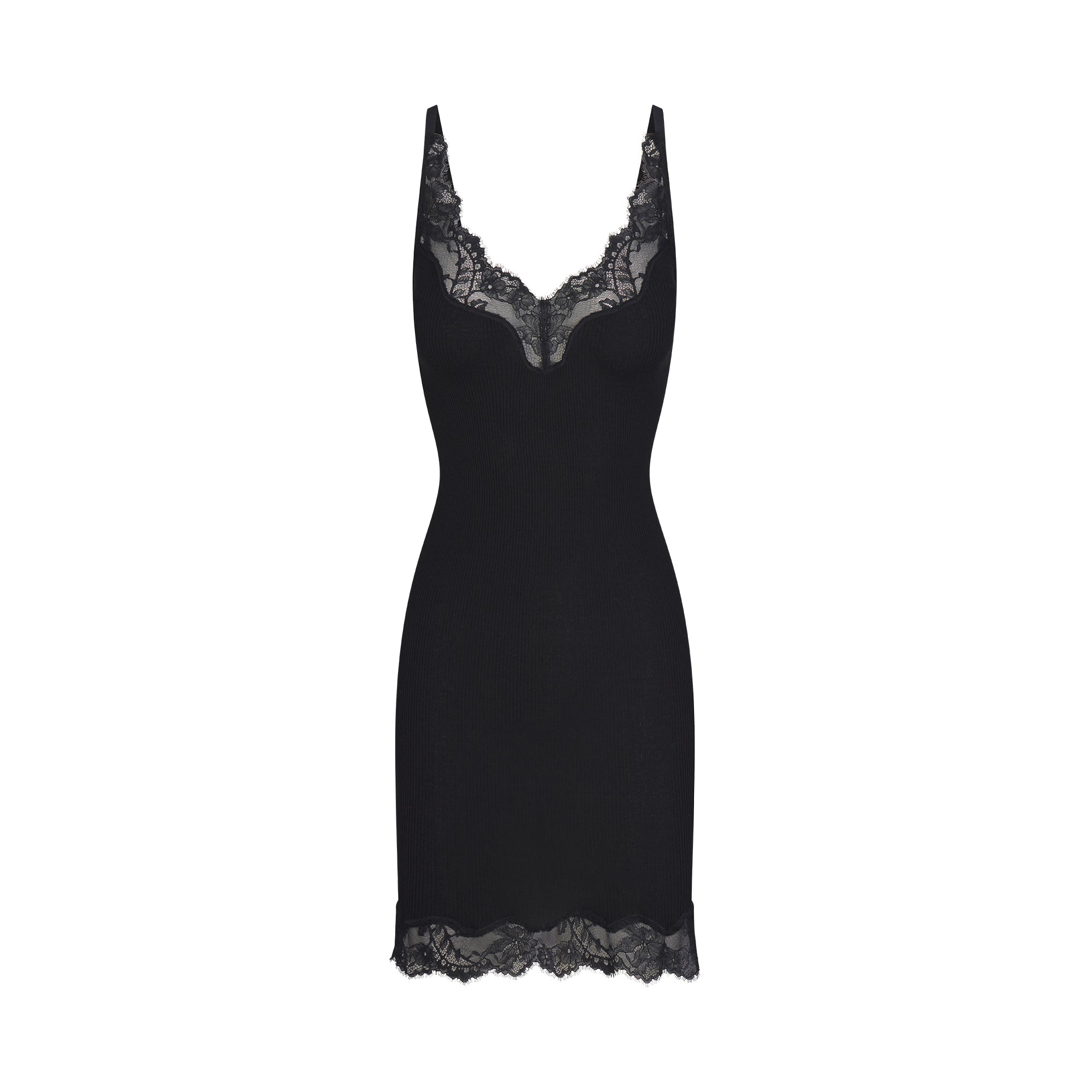 RIB KNIT LACE MINI DRESS | OBSIDIAN FLAT ON A WHITE BACKGROUND | FLT