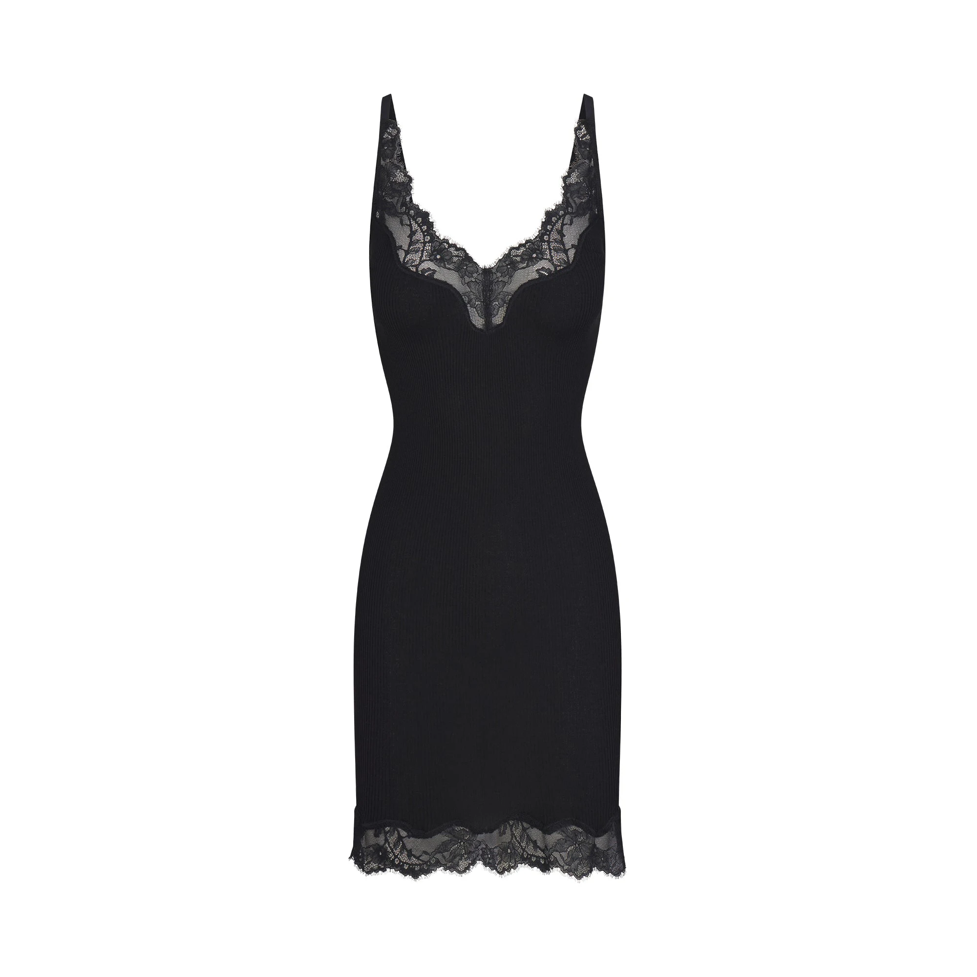 RIB KNIT LACE MINI DRESS | OBSIDIAN FLAT ON A WHITE BACKGROUND | FLT