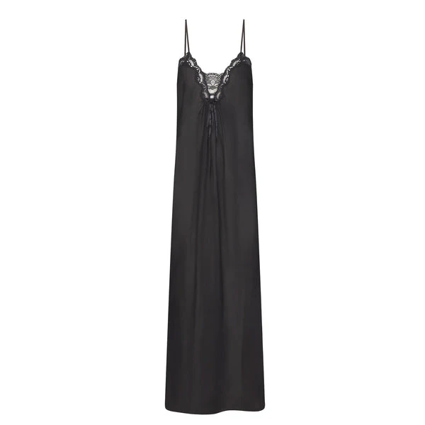 strapless corset long dress skims Skims Ultra Fine Lace Strapless Corset Long Maxi Dress in Black