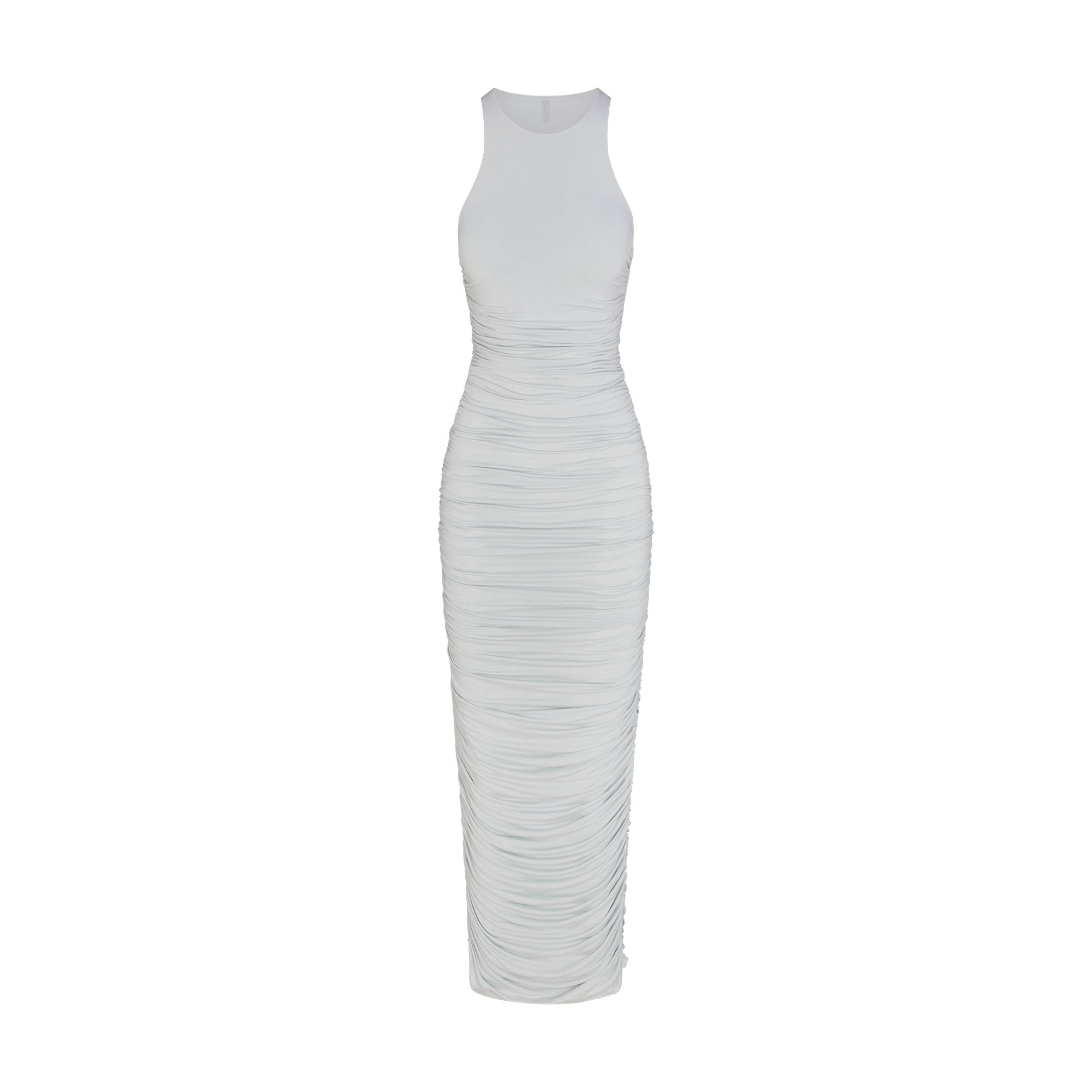 CUPRO JERSEY RUCHED LONG DRESS | PEARL FLAT ON A WHITE BACKGROUND | FLT
