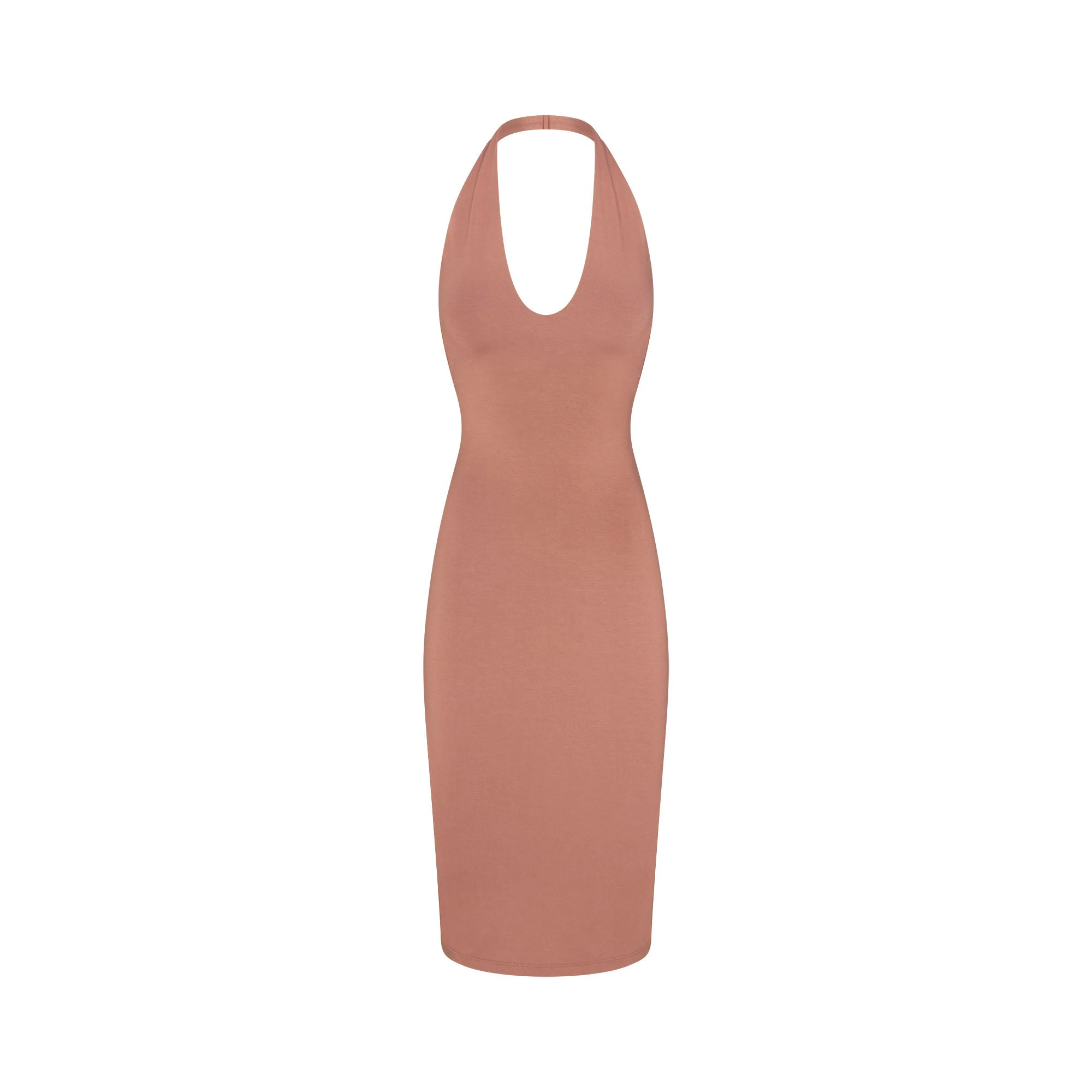 SMOOTH LAYERS HALTER MIDI DRESS | NUTMEG FLAT ON A WHITE BACKGROUND | FLT