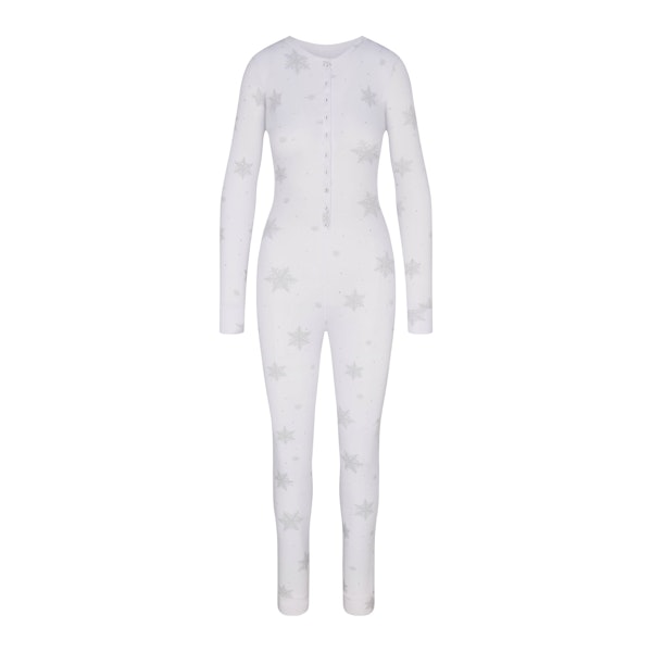 LOGO PLUSH POINTELLE RHINESTONE LONG ONESIE | SNOW RHINESTONE PRINT FLAT ON A WHITE BACKGROUND | FLT