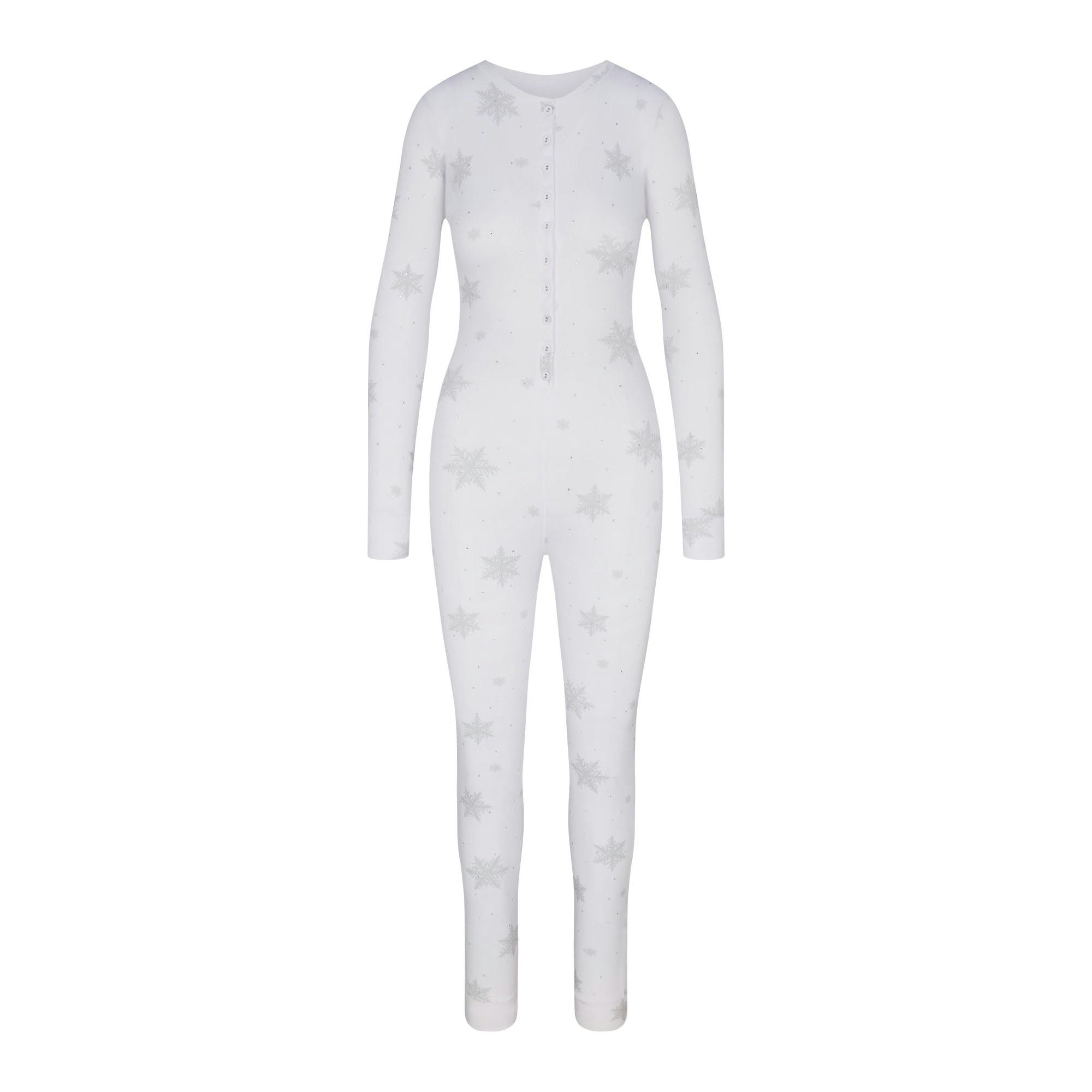 LOGO PLUSH POINTELLE RHINESTONE LONG ONESIE | SNOW RHINESTONE PRINT FLAT ON A WHITE BACKGROUND | FLT