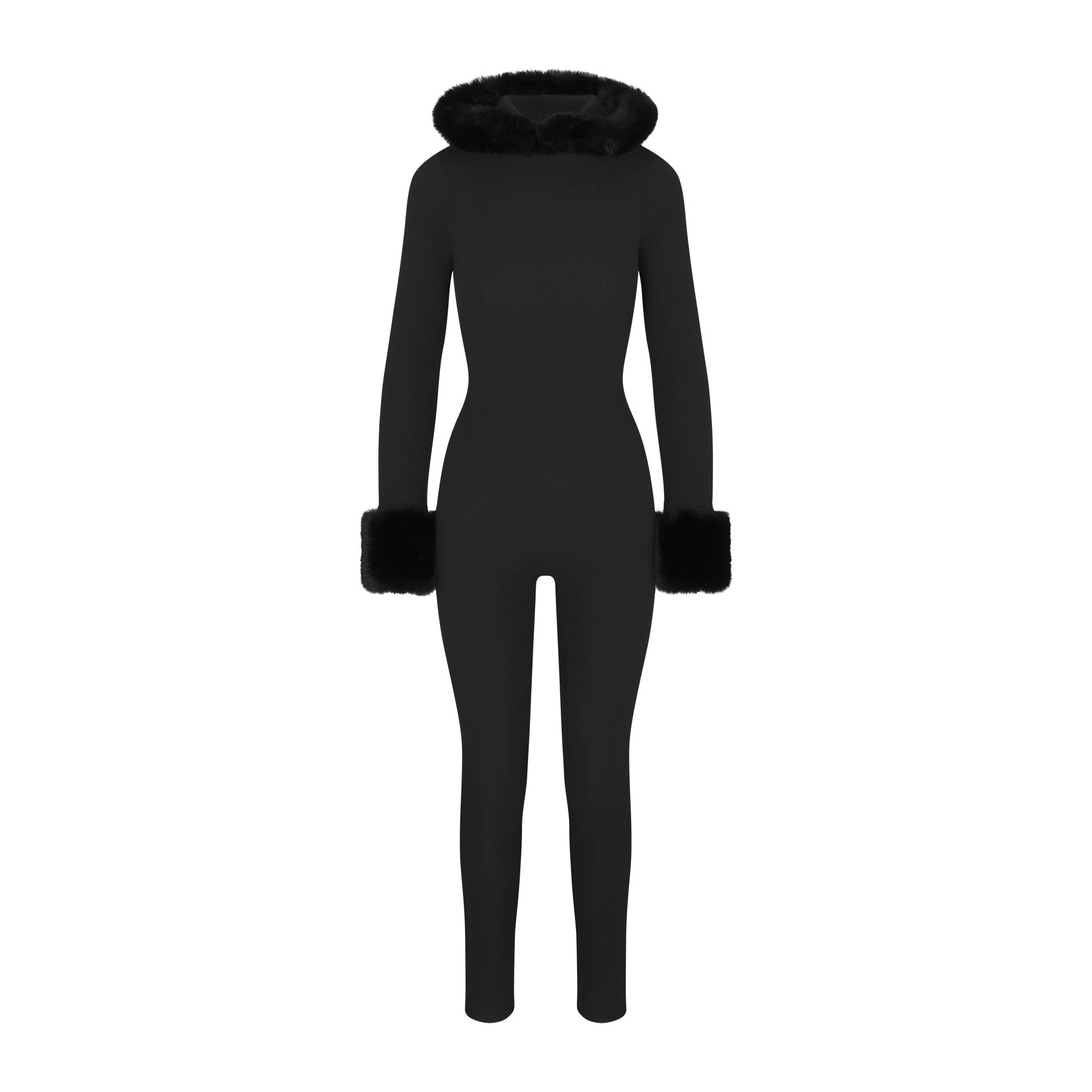 SKIMS CLOUD HOODED CATSUIT | ONYX FLAT ON A WHITE BACKGROUND | FLT