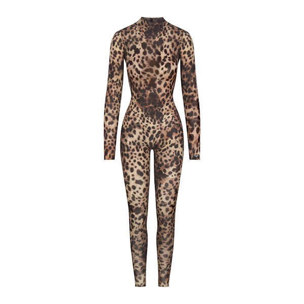 DOLCE&GABBANA X SKIMS MILKY SHEER MOCK NECK CATSUIT | LEOPARD (CATSUITS) FLAT ON A WHITE BACKGROUND | FLT