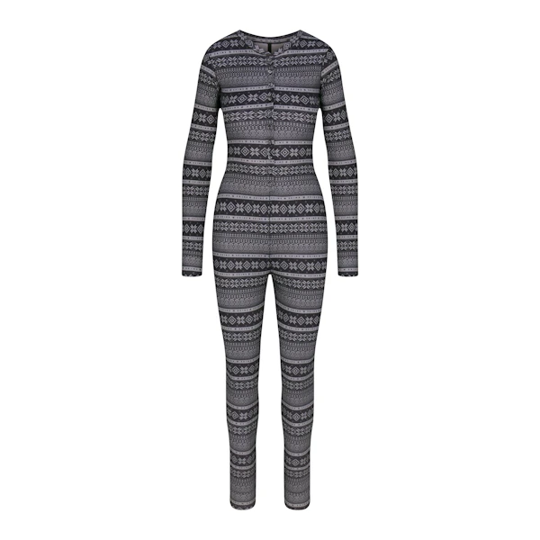 LOGO PLUSH POINTELLE HENLEY ONESIE | ONYX MIRROR FAIR ISLE FLAT ON A WHITE BACKGROUND | FLT