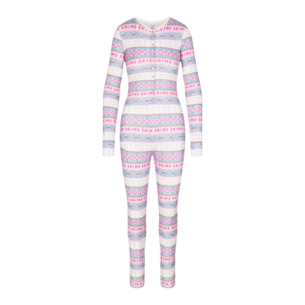 LOGO PLUSH POINTELLE HENLEY ONESIE | OPAL FAIR ISLE (ONESIES, BODYSUITS) LAYS FLAT ON A WHITE BACKGROUND