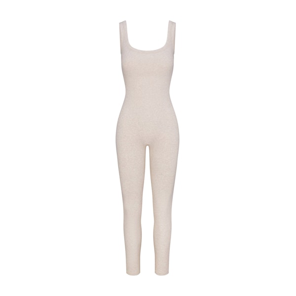 COTTON RIB TANK CATSUIT HEATHER OATMEAL FLAT ON A WHITE BACKGROUND | FLT | FLT