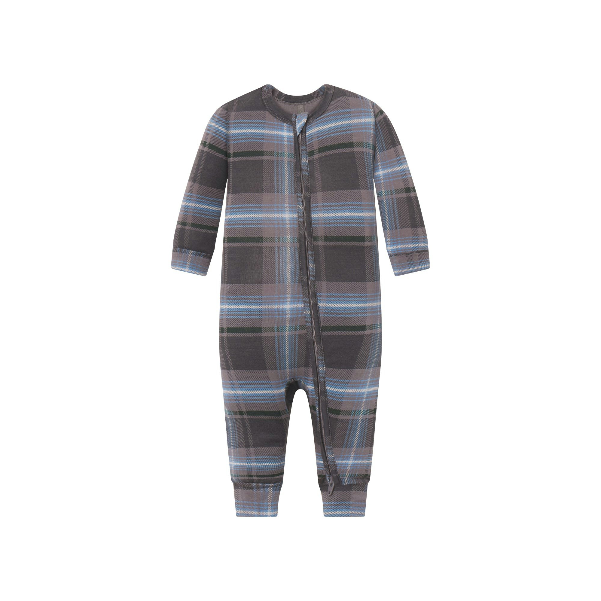 SKIMS SLEEP BABY ONESIE | GLACIER PLAID FLAT ON A WHITE BACKGROUND | FLT