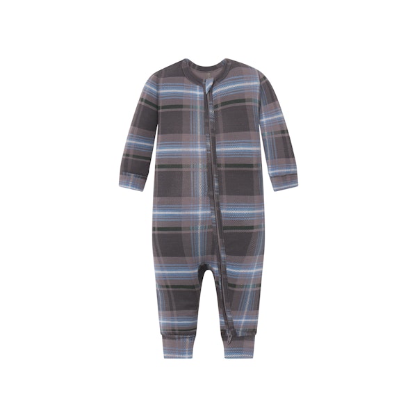 SKIMS SLEEP BABY ONESIE | GLACIER PLAID FLAT ON A WHITE BACKGROUND | FLT