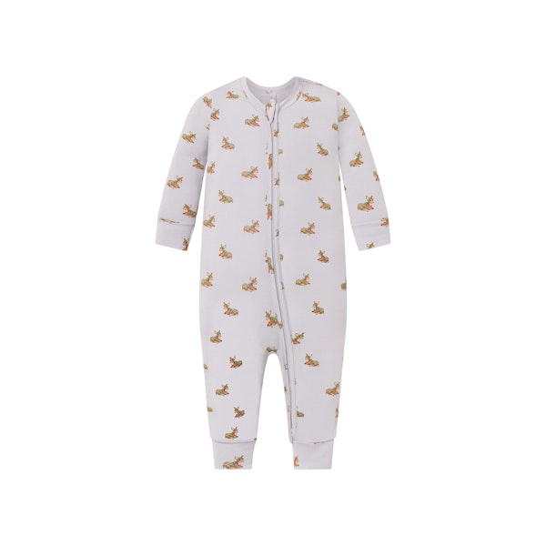 SKIMS SLEEP BABY ONESIE | ZEN BLUE BABY DEER PRINT FLAT ON A WHITE BACKGROUND | FLT