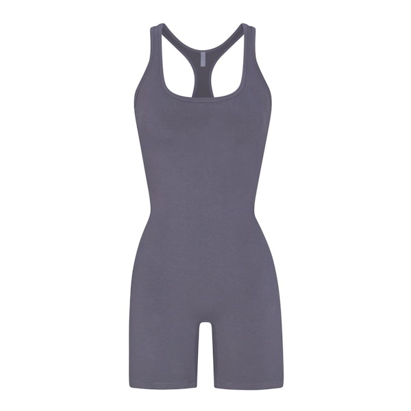OUTDOOR MID THIGH ONESIE | STEEL BLUE (ONESIES, BODYSUITS) LAYS FLAT ON A WHITE BACKGROUND