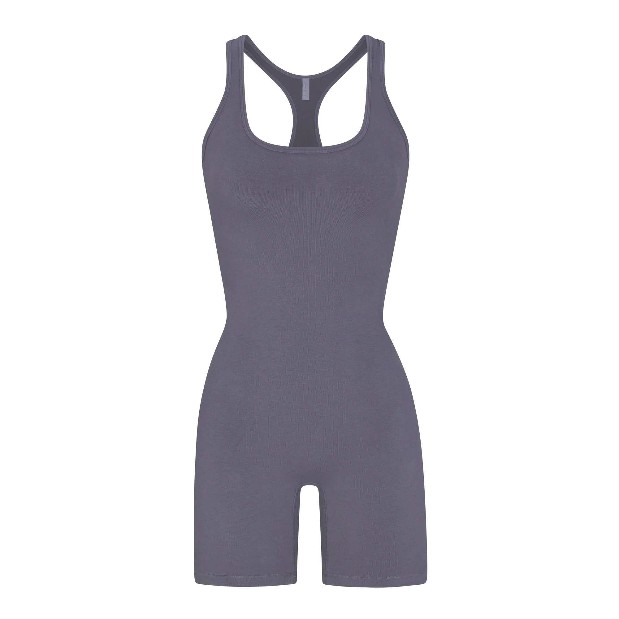 OUTDOOR MID THIGH ONESIE | STEEL BLUE (ONESIES, BODYSUITS) LAYS FLAT ON A WHITE BACKGROUND
