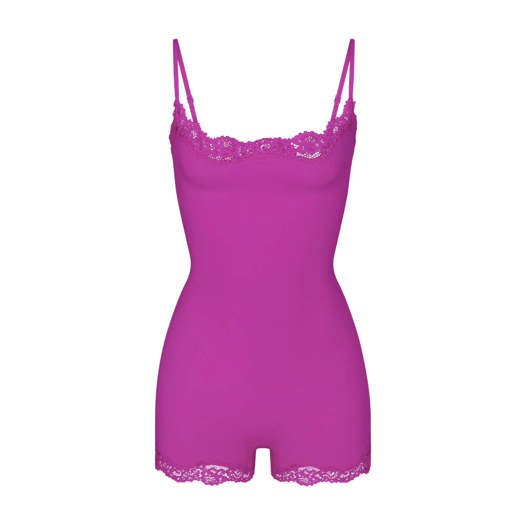 FITS EVERYBODY LACE ONESIE LAYS FLAT ON A WHITE BACKGROUND