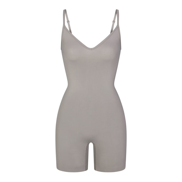 SOFT SMOOTHING SEAMLESS CAMI ONESIE | SMOKE (ONESIES, BODYSUITS) LAYS FLAT ON A WHITE BACKGROUND | FLT