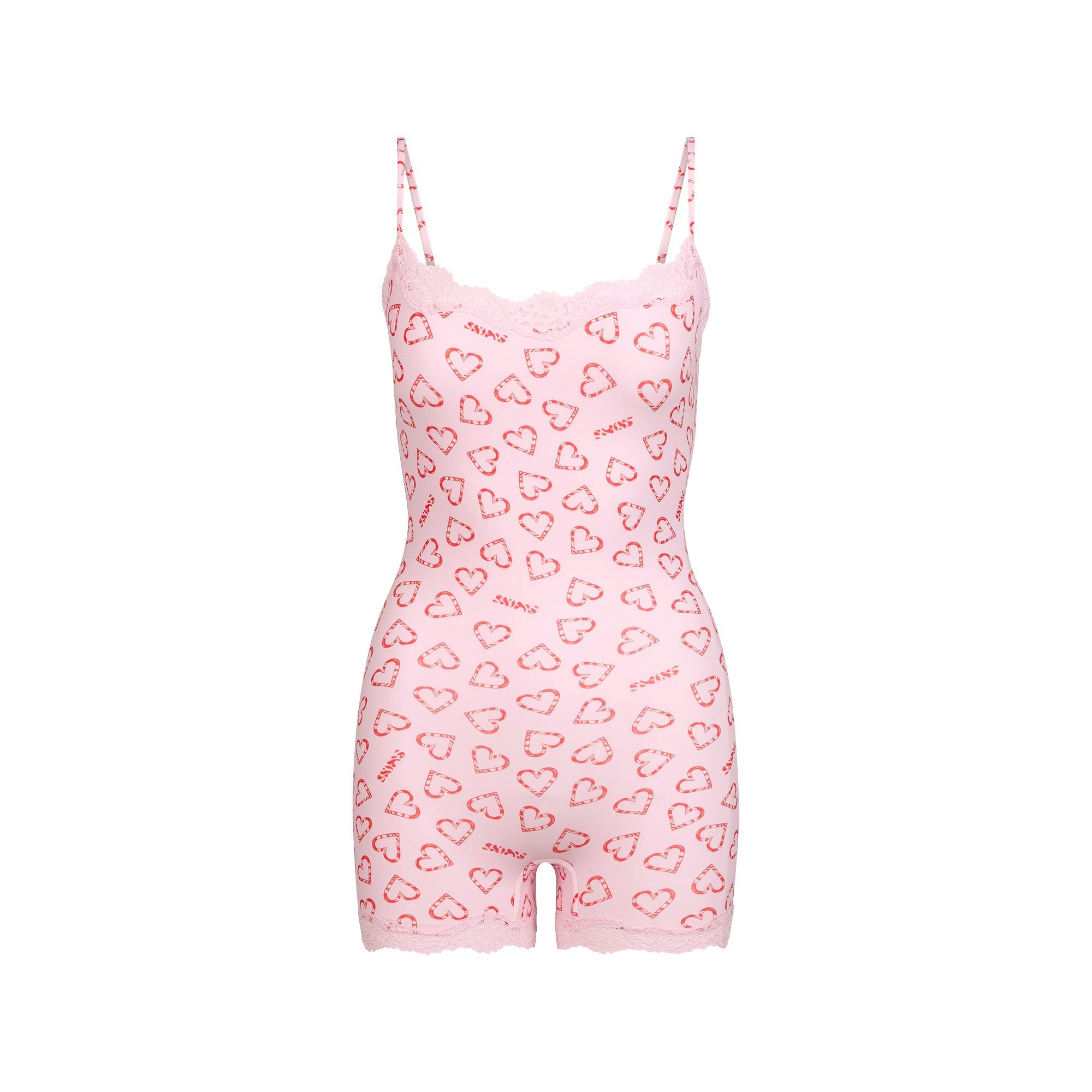 FITS EVERYBODY LACE ONESIE | CHERRY BLOSSOM CANDY HEART PRINT FLAT ON A WHITE BACKGROUND | FLT