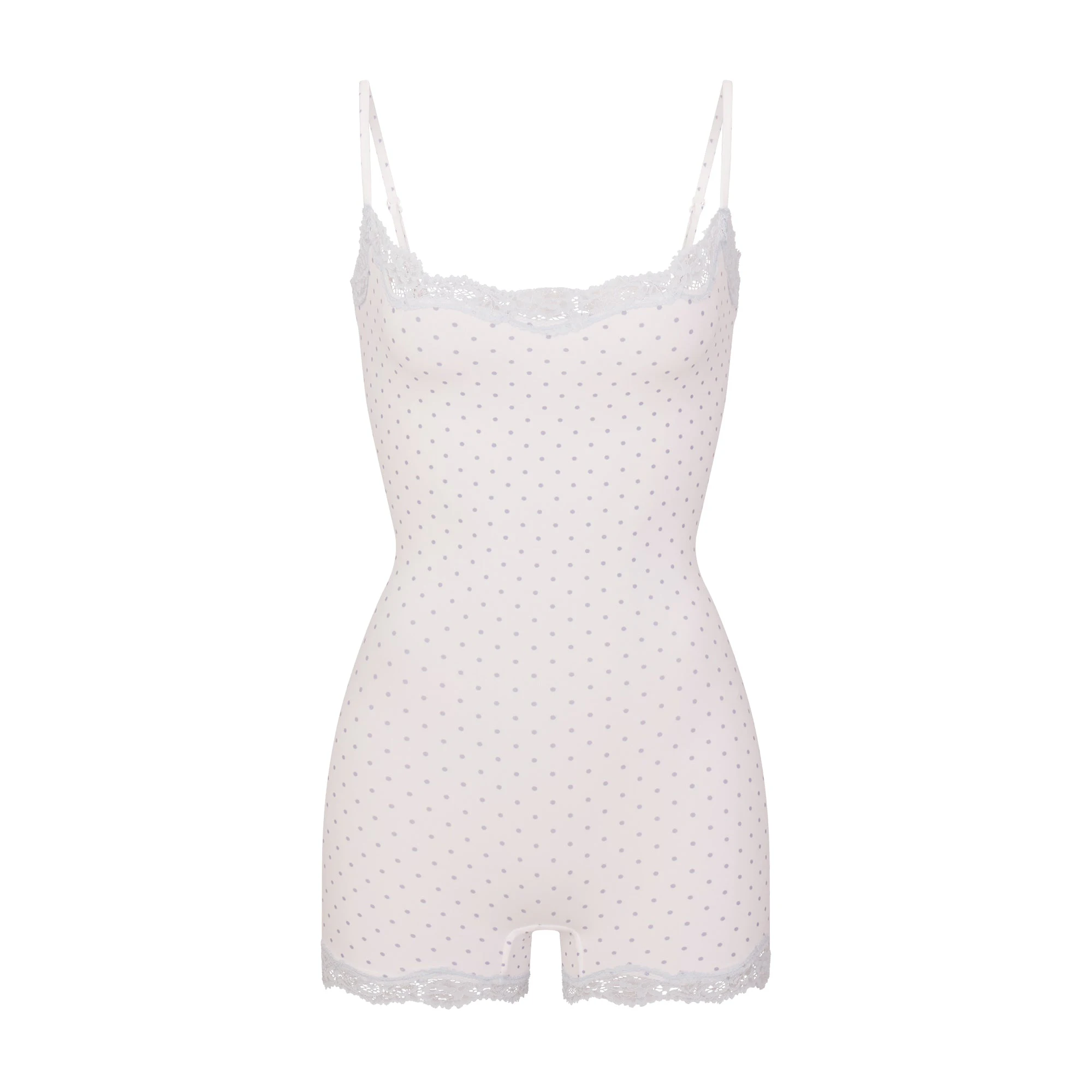 FITS EVERYBODY LACE ONESIE | SLATE PIN DOT PRINT FLAT ON A WHITE BACKGROUND | FLT