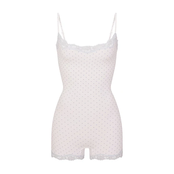 FITS EVERYBODY LACE ONESIE | SLATE PIN DOT PRINT FLAT ON A WHITE BACKGROUND | FLT