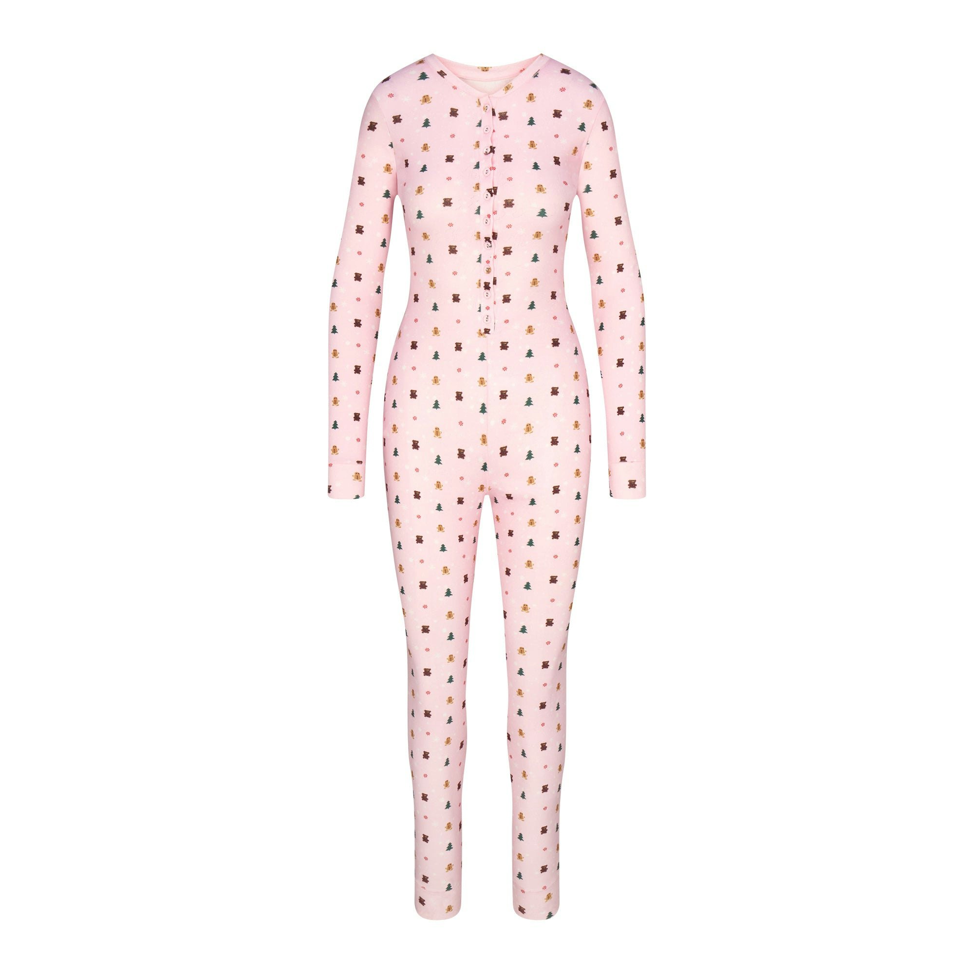 CACTUS PLANT FLEA MARKET X SKIMS PLUSH POINTELLE ONESIE | CHERRY BLOSSOM SNOW PRINT FLAT ON A WHITE BACKGROUND | FLT