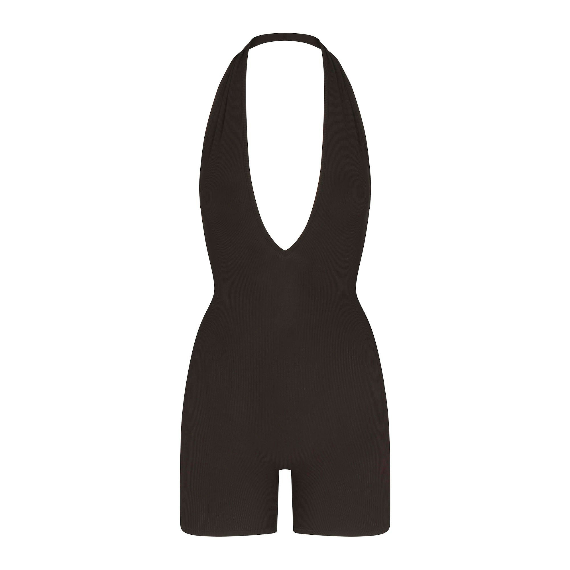 SOFT LOUNGE DEEP PLUNGE HALTER ONESIE | ONYX (ONESIES, BODYSUITS) FLAT ON A WHITE BACKGROUND | FLT